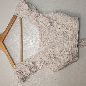 American Eagle Beige Floral Cropped and Ruffled Peasant Tie Top